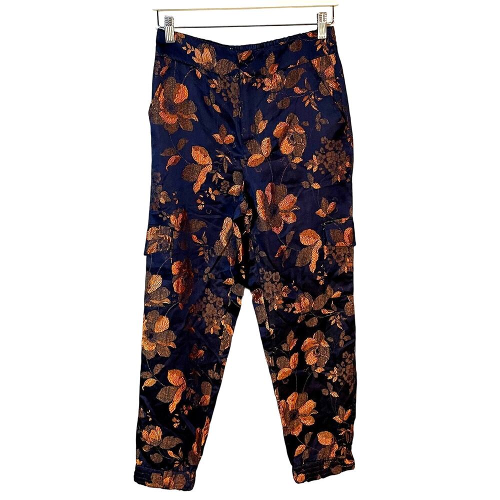Anthropologie Floral Brocade Pull-On Navy Blue Business Casual Pants | Size XS